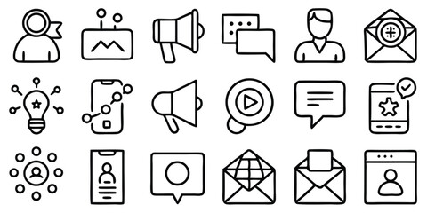 Collection of minimalistic hand drawn social media and communication icons in black outline