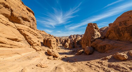 Fototapeta premium Red Rock Canyon Panorama: Majestic red sandstone formations rise against a vibrant blue sky, showcasing the stark beauty of a desert landscape. The image captures the raw.