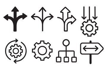 Collection of process oriented icons showcasing arrows, gears, decision points, and organizational structures for business, technology, and workflow