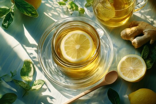 Glass cup of ginger tea with lemon slice, teapot, ginger root, and lemons on a blue wooden table in dappled sunlight