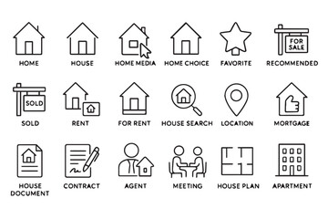 real estate icons illustrating house search, sale, rent, agent, mortgage, contract, apartment, and property documents, perfect for real estate platforms