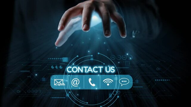 A businessman extends his hand towards a glowing contact information interface, symbolizing modern communication methods and engagement in a digital landscape. Qubit