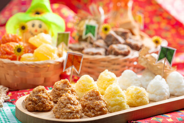 June Festival Table, a typical and delicious June Festival table in Brazil with sweets, cakes and accessories, selective focus.