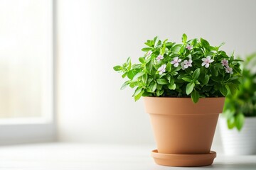 Fototapeta premium Small periwinkle plant with delicate pink flowers growing in terracotta pot, adding touch of nature to bright interior