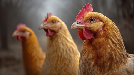 Three brown heritage chickens on white background