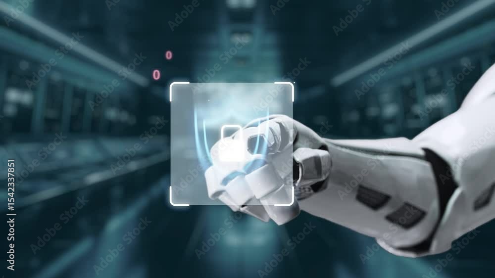 Poster a futuristic robot hand holds a glowing digital lock icon amidst flowing data streams and binary cod