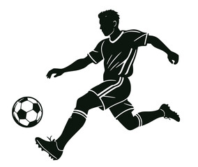 Black and white graphic illustration of soccer player shooting ball