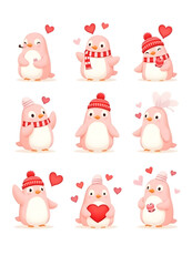 Fototapeta premium These adorable pink penguins are celebrating Valentine's Day with hearts and winter accessories.