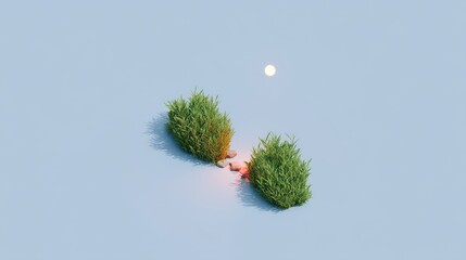 Two Green Bushes with Sunlight and Moonlight in a Tranquil Scene