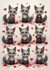 Fototapeta premium Nine adorable foxes surrounded by hearts and roses, celebrating love and affection.