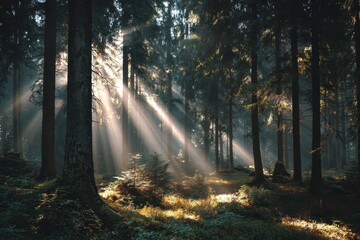 Obraz premium Sunbeams illuminate a tranquil forest setting, creating a serene atmosphere filled with natural beauty and soft light during the early morning hours