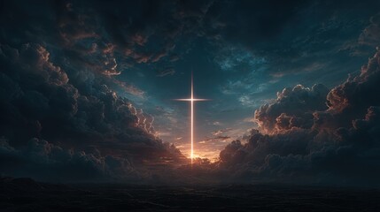 Majestic cross illuminated by the setting sun amidst dramatic clouds in a serene sky