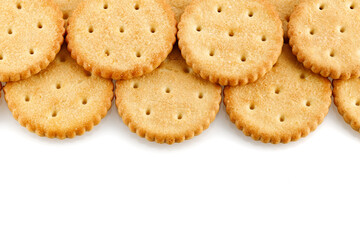 Round salted cracker cookies isolated on white background. Snacks. Beer snack. Close-up