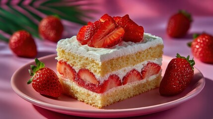 Delicious strawberry cake served on a pink plate with fresh strawberries arranged around it