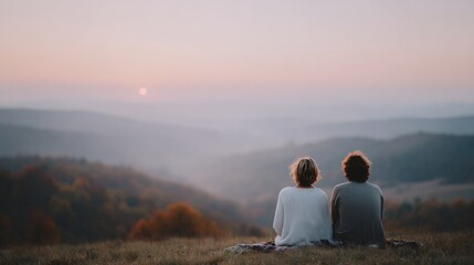 Fototapeta premium Two people are sitting on a grassy hillside, looking out at the sunset
