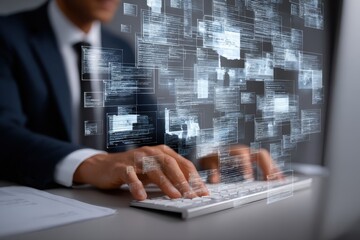 Businessman utilizes modern computer for effective document management in a professional office environment