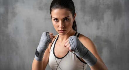 Determined young female boxer with wrapped hands, ready to train. Strong and focused athletic woman.