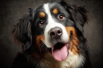 Funny Bernese mountain dog with a playful expression on a colorful background showing its joyful personality and charming demeanor