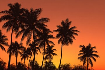 Naklejka premium Silhouette of palm trees against a vivid tropical sunrise over a serene horizon filled with warm hues of orange and yellow