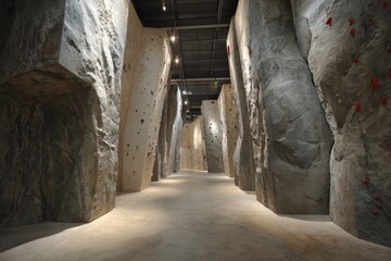 Obraz premium Indoor climbing gym features tall artificial rock walls designed for climbers of all skill levels, providing a vibrant space for fitness and adventure enthusiasts