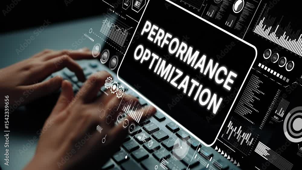 Fototapete Hands Typing on Keyboard with Performance Optimization Concepts Displayed on a Screen in a Modern Office Setting. Asymptotic smart data analytic.