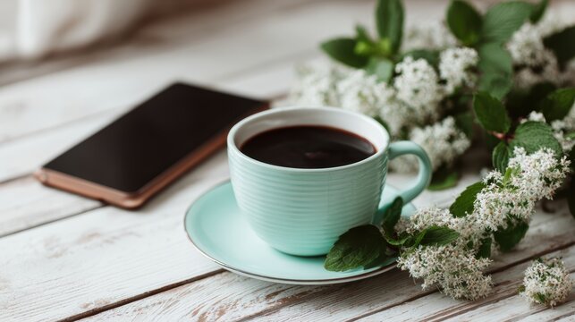 A mint-green cup of black coffee sits on a rustic white table beside a smartphone and blooming white flowers with green leaves