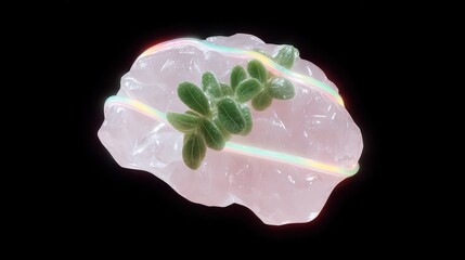 Glowing Crystal Stone with Green Plant Elements and Colorful Lights