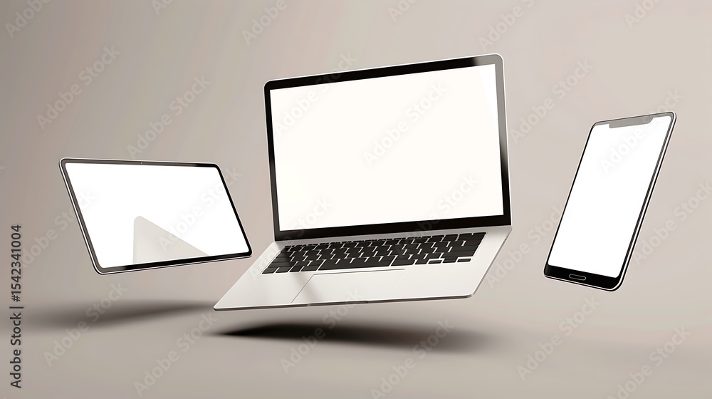 Poster three digital devices displayed in a modern setting.