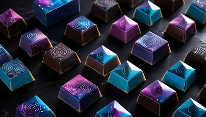 Colorful Galaxy-Themed Chocolates Arranged Neatly on a Black Surface