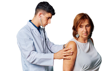 Health Check Conducted by a Young Doctor on a Middle-Aged Woman in a Clinical Setting