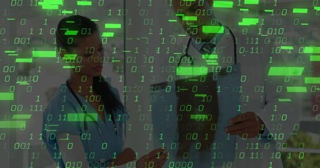 Binary code flickering as medical team examining chest X-ray and diagnosing case with code overlay - Powered by Adobe