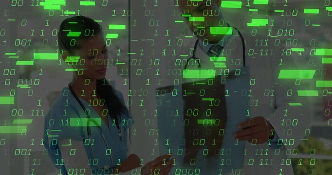 Binary code flickering as medical team examining chest X-ray and diagnosing case with code overlay