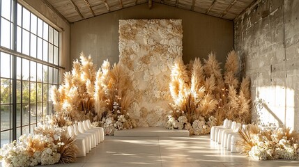 Elegant Pampas Grass Wedding Ceremony Setup in Rustic Loft