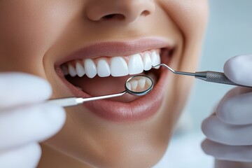 Close-up on woman's perfect smile and white teeth, showcasing dental health, cosmetic dentistry, and general well-being