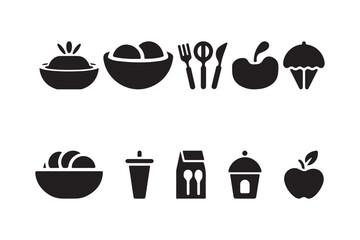 Food Icons Set Bowls, Drinks, Cutlery, Apple, Muffin, Takeout and Fruit Symbols