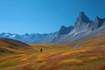 A solitary traveler discovers vibrant alpine meadows nestled among majestic mountains under a clear azure sky