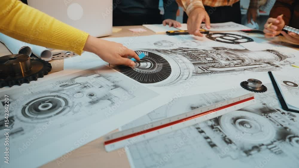 Poster a dynamic engineering session showcasing detailed technical drawings, cad models, and tools surround