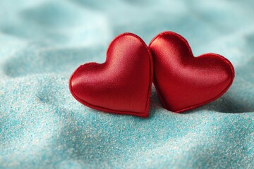 Two elegant red satin hearts on a tranquil blue sandy beach ideal for romantic themes and love-focused projects, evoking emotion and serenity in captivating imagery
