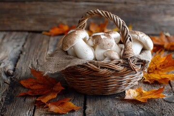 Mushroom picking: fresh white boletus in a wicker basket on rustic wooden table surrounded by colorful autumn foliage for culinary delights and gourmet dishes