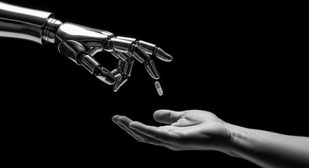 Naklejka premium Photo of a robotic hand offering a pill to an elderly person