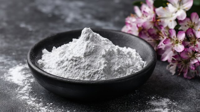 Stunning photo of titanium dioxide powder TiO2 also known as titanium IV oxide or Titania. White inorganic chemical food additive E171 in black bowl. Cosmetic ingredient.