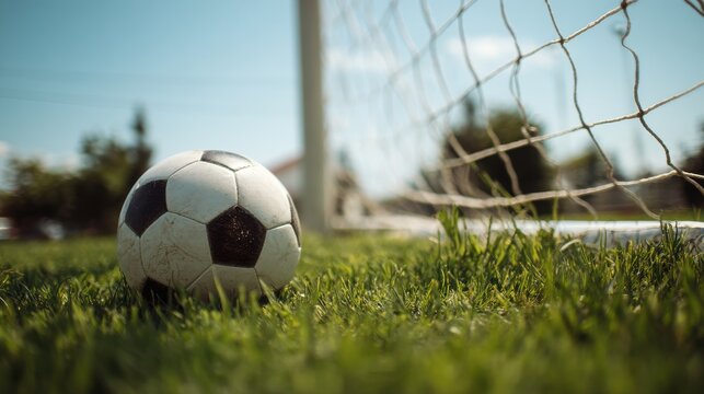 Stunning photo of soccer ball lies near soccer goal on grassy field. Daytime shot. Sport recreation concept. Photo captures active lifestyle. Great for sports websites and blogs.