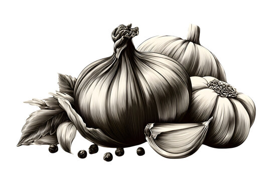 Line art illustration of onion and garlic bulbs, including peeled cloves, whole bulbs, and outer skins. Hand-drawn with contour shading and clean detail. Ultra HD