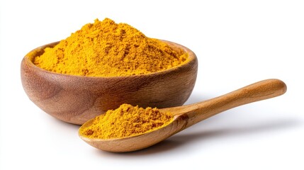 Stunning photo of organic curcuma powder in wooden spoon isolated white background. Culinary spice ingredient, yellow color, flavor, cooking, healthy eating, herbal medicine.
