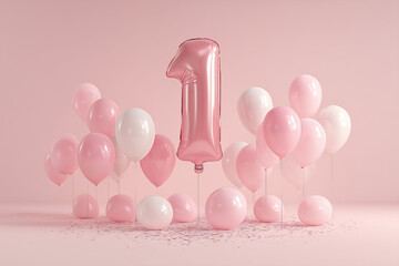 Rose Gold Number One Balloon with Pink and White Balloons on Pink Background