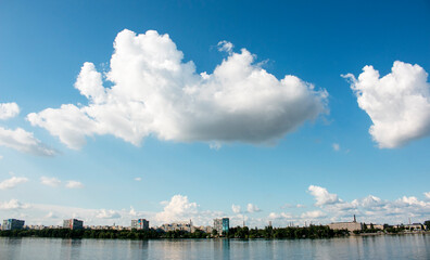 Panoramic view of the left bank of Dnieper River. Dnieper. Ukraine. Reflection of the sky with...