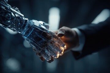 Robot hand engages with human hand in a technological handshake reflecting collaboration in the tech sector acquisition strategy