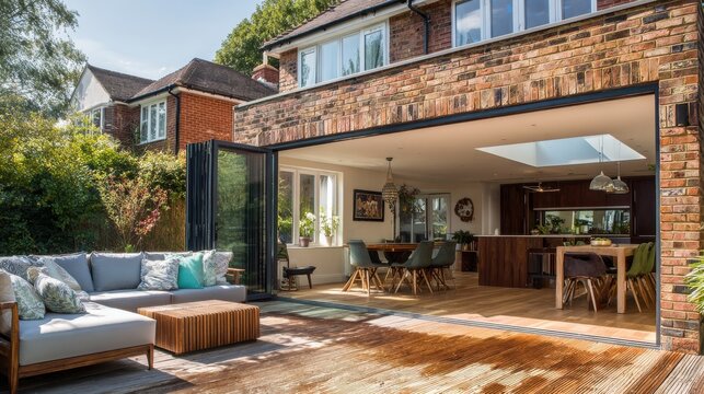 Stunning photo of modern house extension with large glass doors. Open plan living area with sofa, dining table, wooden flooring visible through doors. Exterior of brick house.