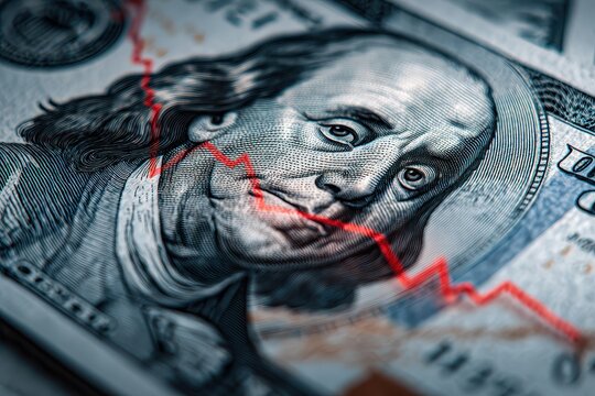 Closeup view of dollar bill detail showcasing Economist forecast with downward trend line indicating economic decline