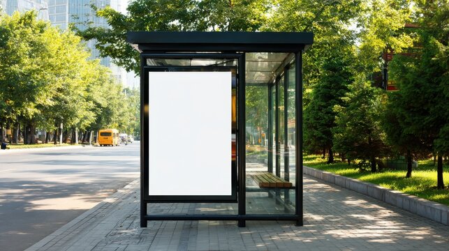 Stunning photo of modern bus stop shelter with blank advertising billboard in urban setting. Black metal frame, glass panels, green trees. Sunny day. Public transportation.